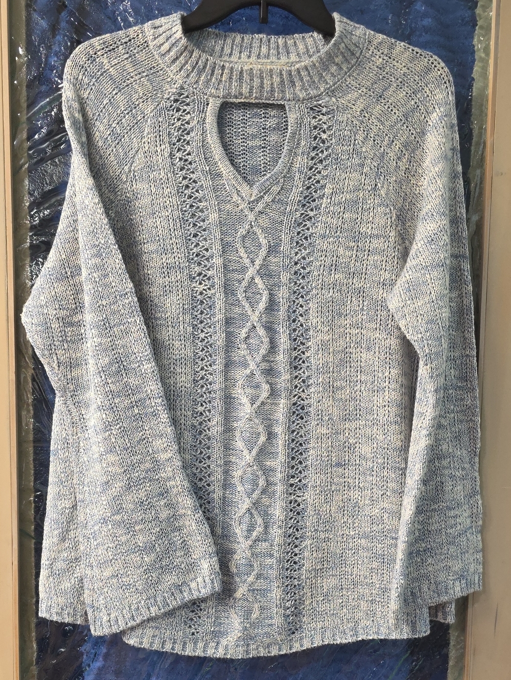 ONE WORLD Heathered Light Blue Cable-Knit Crewneck Sweater with Keyhole